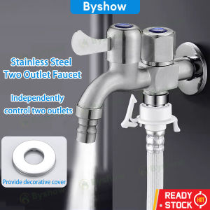 Byshow Stainless Steel Two way water tap Kitchen Bathroom garden water pipe double head Toilet tap Premium 2 way Faucet dual use Angle valve faucet for washing machine kepala paip air tembaga mesin basuh 2 paip getah bilik mandi 双头水龙