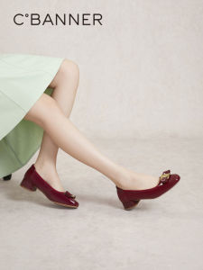 รองเท้าส้นเตี้ยผีเสื้อกำมะหยี่สีแดงรองเท้าเดี่ยวหัวกลมส้นหนา ฤดูใบไม้ผลิ ฤดูใบไม้ร่วง หลากหลาย รองเท้าเจ้าสาว หนัง CBANNER