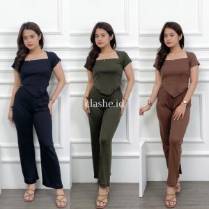 Hazel Set Setelan Wanita Atasan Baju Lengan Pendek dan Celana Panjang Rib Korean Style Kekinian Terbaru Ootd by Clashe