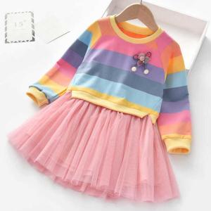 Baby Girls Dress Princess Autumn Sweater Fleece Gauze Tutu Dresses Children Clothing Long Sleeve Rainbow Stripes Dress For Girls