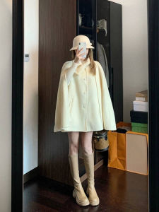 Fancy Woolen Outwear Womens Mid Length Long Length Loose Temperament Small Size Cashmere Cape Quilted Coat Thick Autumn and Winter