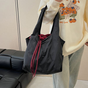 Foldable Large Capacity Shopping Bag Casual Outdoor Storage Retractable Shoulder Bag Color Block Design Eco Friendly Bag