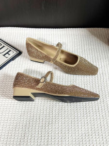 French Style Square Head Chunky Heel Single Shoes Womens New Wedding Shiny Sequins Versatile New Bride Shoes Two-Way Wear