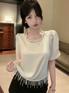 GUZILIAN | French Style Sweet Heavy Bead Tassel Round Neck Bubble Sleeve Shirt Short Cute Top Korean Version Pure Color Commute Style