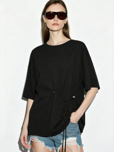 AMII | Summer Casual Round Neck Dropped Shoulder Beaded Drawstring Blouse