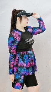 KIPSTAR ชุดว่ายน้ำสตรี ชุดว่ายน้ำป้องกันรังสียูวี ชุดว่ายน้ำแขนยาว ชุดว่ายน้ำกระโปรง ชุดว่ายน้ำวันพีซ ชุดว่ายน้ำ D3982