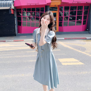 Elegant Light Blue Workwear Dress High Waist Commute Womens Summer Casual A-Line Long Dress Button Detail Short Sleeve