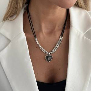 Ingemark Trend Shiny Acrylic Rhinestone Heart Pendant Necklace Women Retro Stacked Leather Rope Chain Beads Choker Necklace Gift