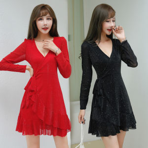Red V-neck Dress Belted Slimming Bell-cuff Autumn New Style Korean Version Commute Long Sleeve Short Skirt H-shaped Dress