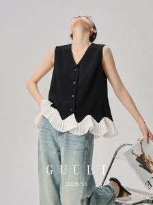 GULILI | Resort Style Black V-Neck Irregular Hem Ruffle Sleeveless Top