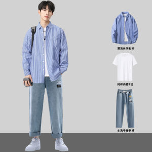 Stylish Striped Casual Shirt Mens Spring Summer Autumn Breathable Thin Outerwear Youth Fashion Polyester Cotton Blend Long Sleeve