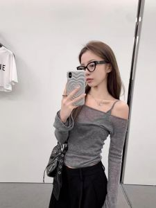 Sun Protection Shoulder Bared Long Sleeve Thin T Shirt Womens Summer Slimming Short Design Sweet And Spicy Two Piece Set