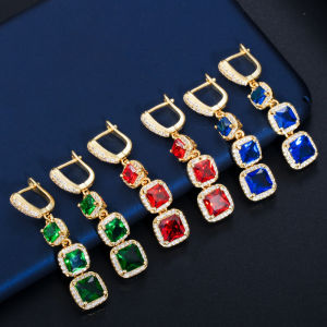 SEQUITO Luxury Hight Quality Yellow Gold Plated Micro Pave AAAAA Cubic Zirconia Red Stone Three Rectangle Long Dangle Drop Earrings for Bridal Wedding Party SE731