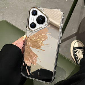 Gold Butterfly Huawei Pura70pro+ Phone Case Mirror Surface Womens Silicone Protective Cover Anti-Fall Elegant Simple Style