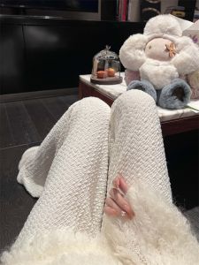 กางเกงขายาวทรงหลวมสไตล์ย้อนยุค POPW 2025 ฤดูใบไม้ร่วง ฤดูหนาว ผ้าถักเนื้อนุ่ม ลายกลมกลืน กางเกงขายาวผู้หญิงสีขาว