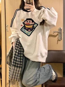 เสื้อสเวตเตอร์คอกลมบุขนแกะหนาสำหรับผู้หญิง ทรงหลวม แขนยาว สีเทา แฟชั่นฤดูใบไม้ผลิและฤดูหนาว เสื้อผ้าทำงานสไตล์เกาหลี