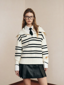 ONLY | Versatile Loose Turn-down Collar Contrasting Stripe Sweater