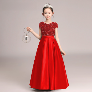 Piano Gown Girl Dark Blue Sequin Long Short Sleeve Princess Dress Kids Host Evening Dress Youth Performance Costume