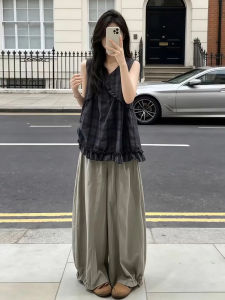 SENWA | Stylish Plaid Vest Top and Wide Leg Pants Set