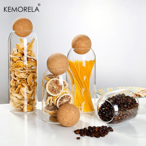 KEMORELA 1PC Transparent Storage Glass Jar with Ball Cork Lid Sealed Bottle for Tea Dried Fruit Cereal Snack Coffee Beans