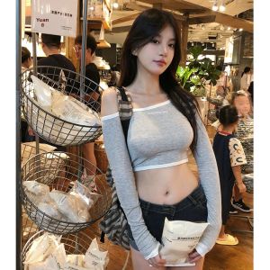 Gray Irregular Shoulder Long Sleeve T-Shirt Womens Slim Fit Base Shirt Short Style Top Commute Style Autumn New Arrival