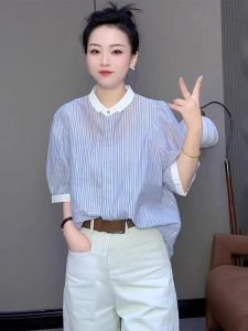 High-end New Summer Striped Spun Silk Five-sleeve Shirt