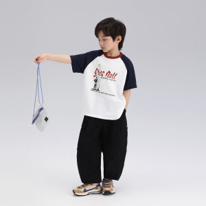 Casual Color Block Short Sleeve T-Shirt for Boys Pudong Haru Summer New Arrival Base Shirt Shoulder Insert Design Childrens Clothing