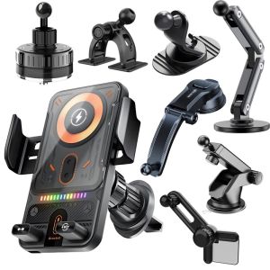 15W Universal Car Wireless Charger Mount Auto-Sensing Electric Telescopic 360° Rotating Ambient Light for iPhone/Samsung/Cars