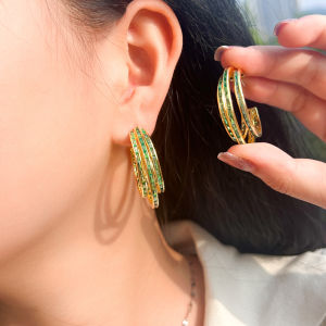 SEQUITO Luxury Women Jewelry Yellow Gold Plated Micro Pave Green AAA Cubic Zirconia Delicate Three Round Hoop Banquet Party Big Earrings Ear Accessories SE829