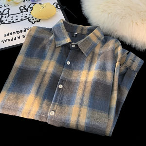 Retro American Plaid Shirt Mens Long Sleeve Casual Thin Outerwear Loose Trendy Brand Spring Autumn Seasonal Classic Style