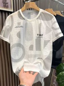 เสื้อยืดคอตตอนลินินบางฤดูร้อนสำหรับผู้ชาย เสื้อยืดแขนสั้นพิมพ์ลายตัวอักษรสไตล์เกาหลี เสื้อเชิ้ตแขนกุดคอตตอนลินินแบบครึ่งตัวระบายอากาศได้ดี