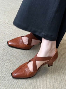 FANGXI | French Style Leather Cross-Strap Square-Toe High-Heels Sandals