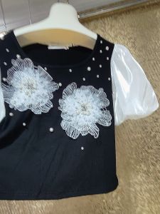 Luxurious Pearl Lace Bubble Sleeve T-Shirt Womens Cotton Elastic Heavy Embroidery Fish Scale Summer Short Sleeve round Neck