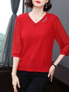 เสื้อเชิ้ตผ้าชีฟองสีแดงแฟชั่นแขนสั้นสำหรับผู้หญิง ทรงหลวม ปกโปโล คอวี ทรงพอดีตัว เสื้อผ้าทำงานฤดูร้อน ลำลอง