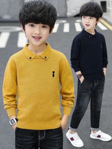 Boys Knitted Sweater Collared Base Layer Shirt Cotton 80% College Style Long Sleeve round Neck Embroidered Pure Color Autumn Winter New Arrival