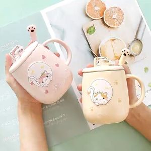 【SG】Ceramic Mug Coffee Cup with Lid & Stainless Steel Spoon Cartoon Mug Ceramic Mug 480ML Gift Set