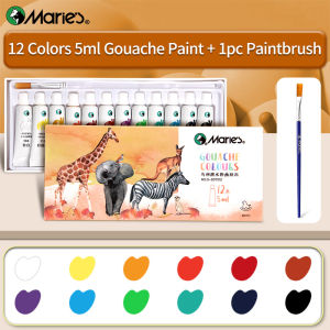 Maries 12 Colors Gouache Paint Set & 1pc Paintbrush for Canvas PaintingWatercolorDIY5ml Each Tubesfor HobbyistAdults