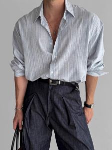 Áo Sơ Mi Nam Dài Tay Sọc Vải Lanh Nhẹ Thời Trang Sành Điệu Xuân Hè Màu Xanh Tiêu Chuẩn Phù Hợp Với Nút Lên