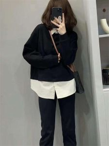 plus Size 300 Pounds European Style Shirt Womens Longline Top Loose Ageless Design Autumn Casual Knittedwear Pure Color