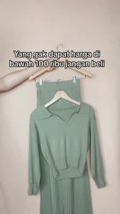 Setelan One Set Knit Celana+Atasan polo kerah Panjang Tebal