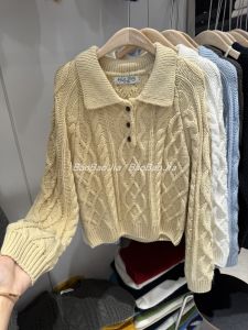 Korean Style Vintage Polo Collar Half Button Loose Womens Knitted Sweater Autumn Winter Warm Thermal Long Sleeve Crew Neck