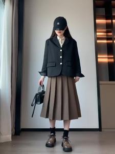 <107> Chân Váy Nữ Cổ Điển Kaki Mùa Thu Đông Mẫu Mới Khí Chất Rộng Rãi Cạp Cao a Bộ Đồ Chữ Váy Xếp Ly Dáng Dài