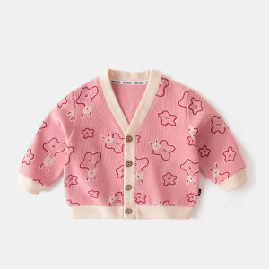 Autumn Clothes Cotton Blend Fabric V-Neck Single Button Closure Cartoon Design Girls Coat Baby Sweater Cardigan Spring Season