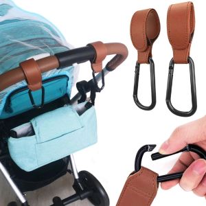 1/2PCS Baby Stroller Hooks - PU Leather Pram Organizer for Diaper Bag Travel Accessories with Climbing Buckle