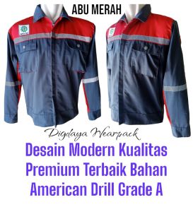 Baju Wearpack Safety Pria K3 Atasan Seragam Kerja Proyek Lapangan Tambang Bengkel Las Lengan Panjang Bahan American Drill Grade A Abu Merah