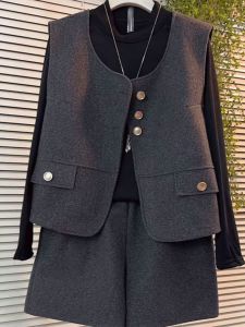 Fashionable plus Size Womens Casual Woolen Three-Piece Set Autumn New Style Meat Covering Slimming Commute round Neck Long Sleeve