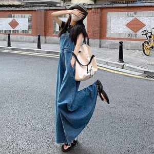 plus Size French Style Slit Denim Dress Women Autumn Winter Slimming Bridesmaid Dress A-Line Long Skirt No Sleeve Commute