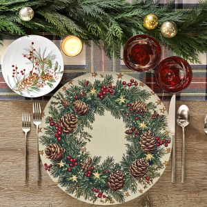 VIKAMA 4PC Christmas Wreath Meal Mat Pine Branches Pinecone Berries Gold Stars Desktop Decoration and Accessories