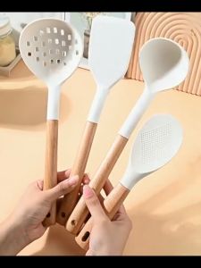 Locaupin Food Grade Silicone Kitchen Utensil Set Heat Resistant Non Stick Cookware Tools with Ergonomic Wooden Handle