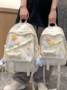 Girls School Bag Junior High School Backpack Star Decoration Foldable Water Resistant Nylon Fabric Dual Shoulder Strap Backpack